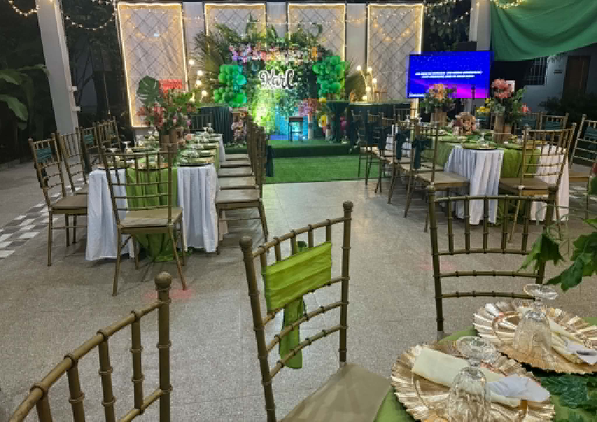 Villa 1 tropical birthday setup with guest tables and a green backdrop