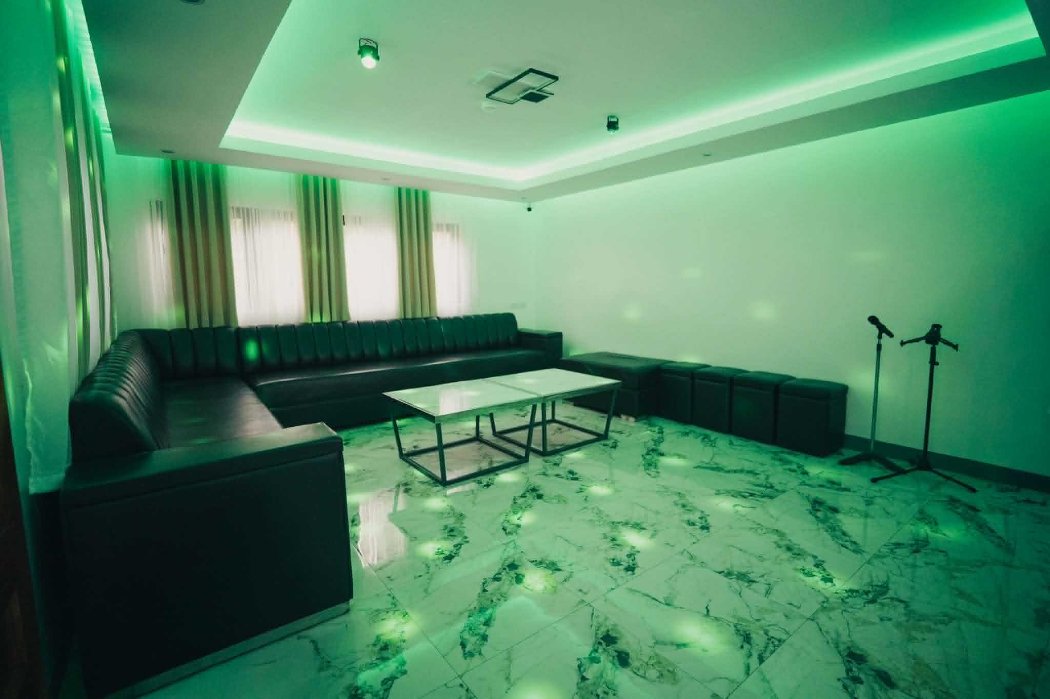 Villa 2 karaoke lounge with sofa seating and microphones
